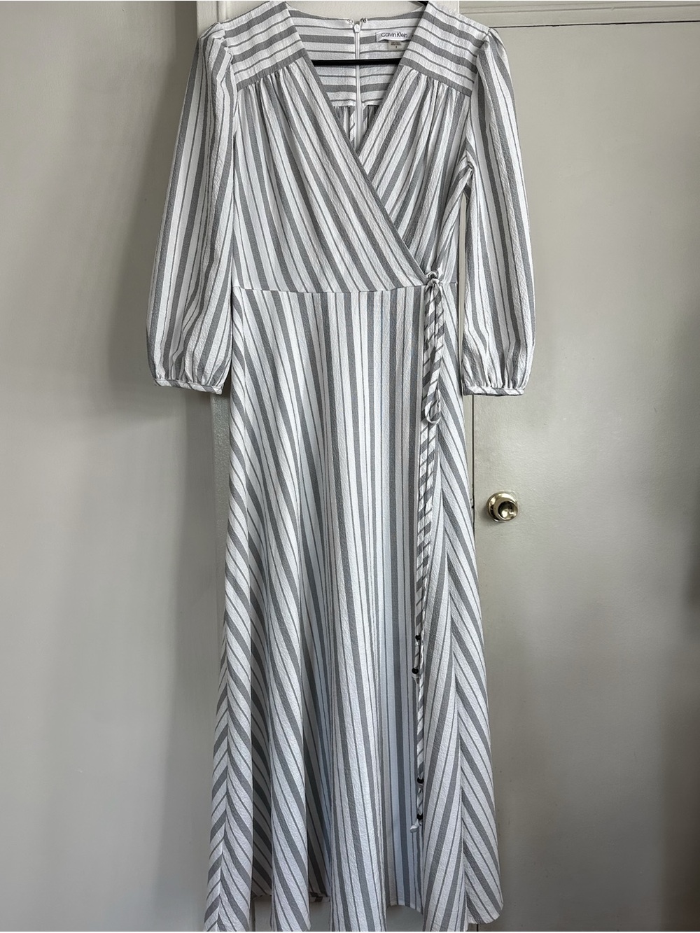 Calvin Klein Grey & White Striped Faux-Wrap Maxi Dress - Size 8
